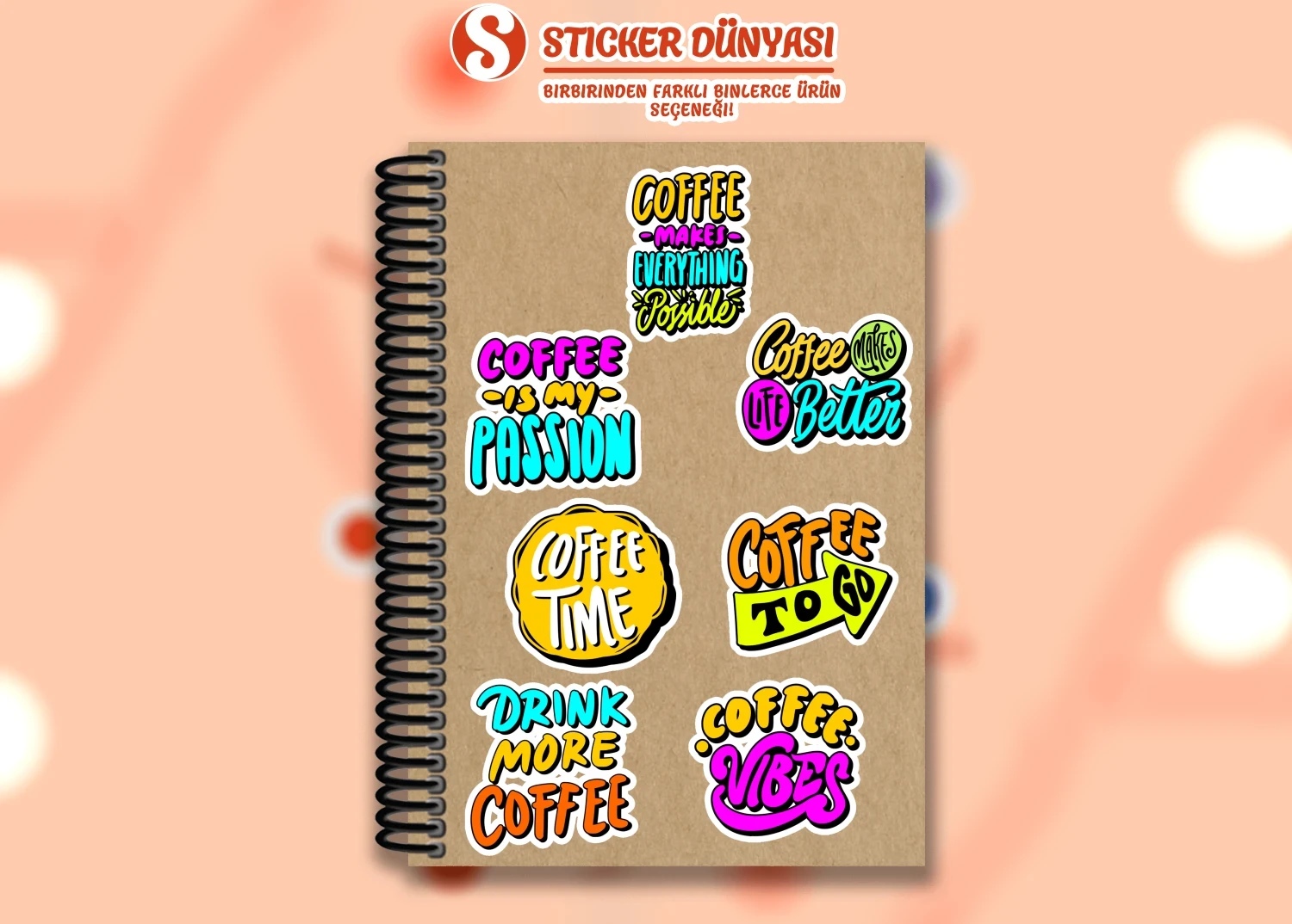 İngilizce Kahve Yazılı Neon Parlak Sticker Koleksiyonu (Coffee1) görsel 5